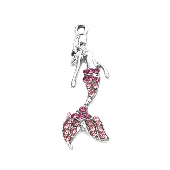Picture of Zinc Based Alloy Charms Mermaid Silver Tone Pink Rhinestone 26mm x 10mm, 5 PCs