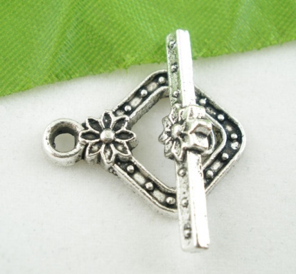 Picture of Zinc Based Alloy Toggle Clasps Square Antique Silver Flower Carved 23mm x 6mm 21mm x 16mm, 30 Sets