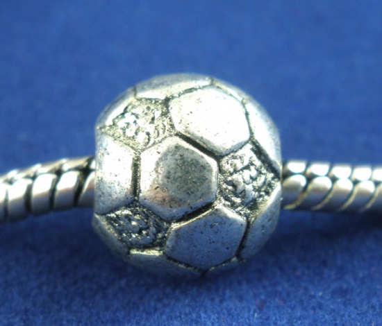 Bild von Zinklegierung European Stil Charm Großlochperlen Fußball Antik Silber Fußball Muster etwa 11mm D., Loch:Ca 4.6mm, 3 Stücke