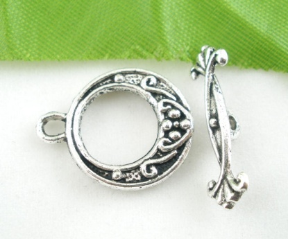 Picture of Zinc Based Alloy Toggle Clasps Round Antique Silver Flower Carved 19mm x 15mm, 20 Sets