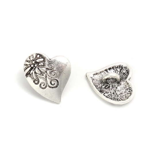 Picture of Zinc Based Alloy Sewing Shank Buttons Heart Antique Silver Flower Carved 20mm x 17mm, 10 PCs