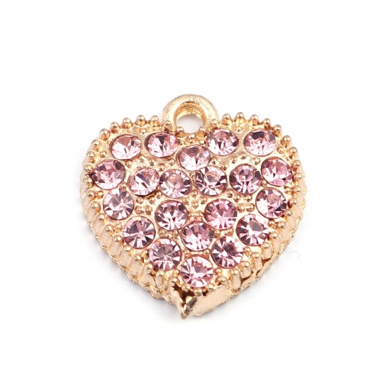 Picture of Zinc Based Alloy Charms Heart Gold Plated Pink Rhinestone 17mm x 17mm, 5 PCs