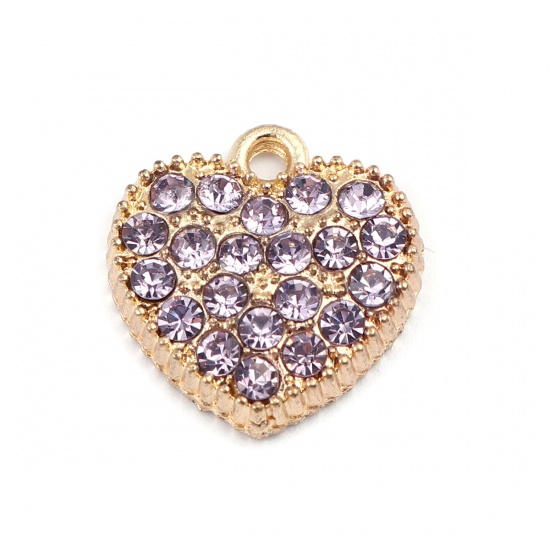 Picture of Zinc Based Alloy Charms Heart Gold Plated Purple Rhinestone 17mm x 17mm, 5 PCs