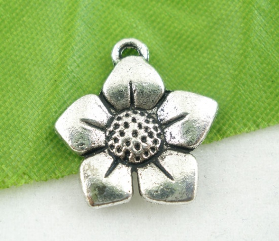 Picture of 40PCs Antique Silver Flower Charm Pendants 15mm