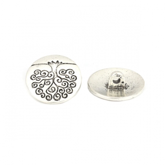 Picture of Zinc Based Alloy Sewing Shank Buttons Round Antique Silver Tree Carved 19mm Dia., 20 PCs