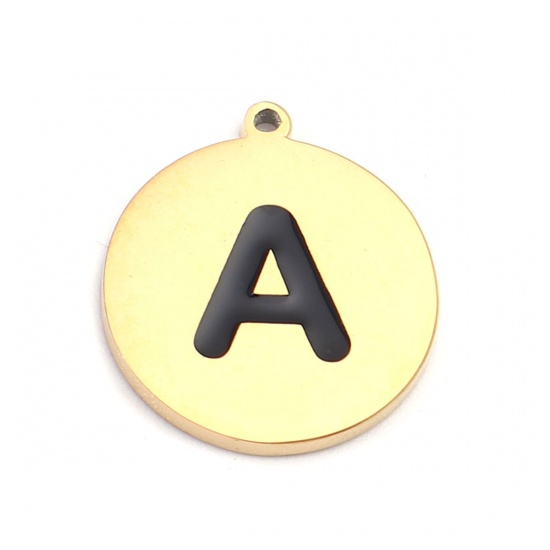 Picture of 304 Stainless Steel Charms Round Gold Plated Black Initial Alphabet/ Capital Letter Message " A " Enamel 17mm x 15mm, 2 PCs