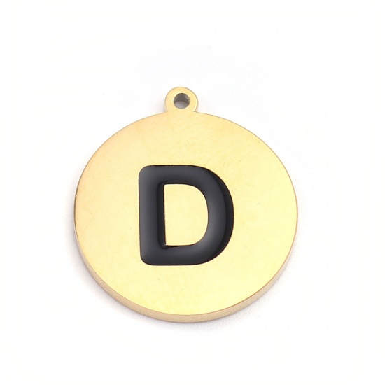 Picture of 304 Stainless Steel Charms Round Gold Plated Black Initial Alphabet/ Capital Letter Message " D " Enamel 17mm x 15mm, 2 PCs