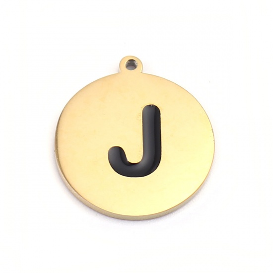 Picture of 304 Stainless Steel Charms Round Gold Plated Black Initial Alphabet/ Capital Letter Message " J " Enamel 17mm x 15mm, 2 PCs