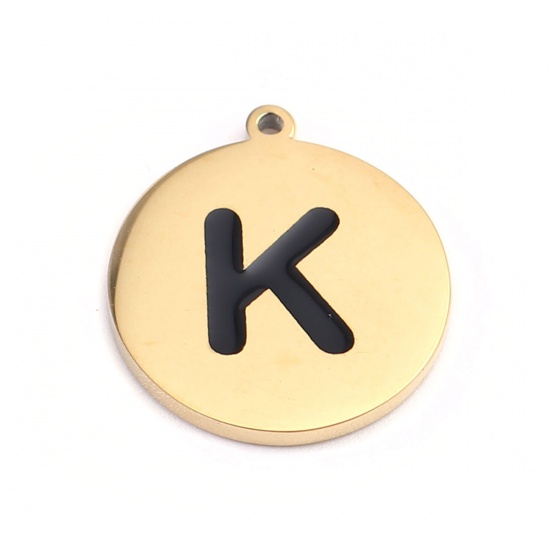 Picture of 304 Stainless Steel Charms Round Gold Plated Black Initial Alphabet/ Capital Letter Message " K " Enamel 17mm x 15mm, 2 PCs
