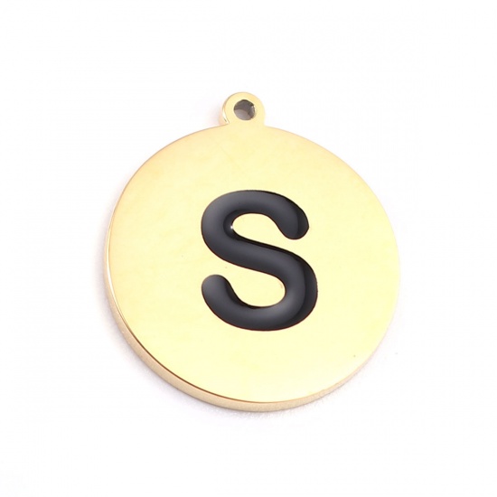 Picture of 304 Stainless Steel Charms Round Gold Plated Black Initial Alphabet/ Capital Letter Message " S " Enamel 17mm x 15mm, 2 PCs