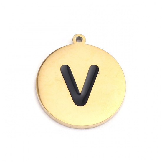 Picture of 304 Stainless Steel Charms Round Gold Plated Black Initial Alphabet/ Capital Letter Message " V " Enamel 17mm x 15mm, 2 PCs