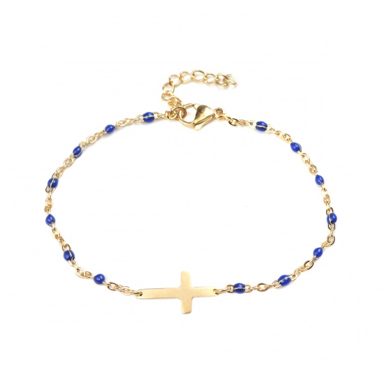 Picture of 304 Stainless Steel Bracelets Gold Plated Blue Enamel Cross 18cm(7 1/8") long, 1 Piece