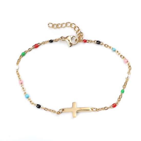 Picture of 304 Stainless Steel Bracelets Gold Plated Multicolor Enamel Cross 18cm(7 1/8") long, 1 Piece