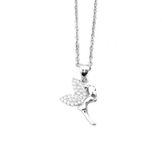 Picture of Stainless Steel & Copper Micro Pave Necklace Silver Tone Fairy Clear Cubic Zirconia 45cm(17 6/8") long, 1 Piece