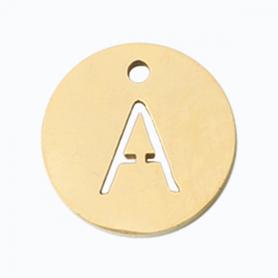 Picture of 304 Stainless Steel Charms Round Gold Plated Initial Alphabet/ Capital Letter Message " A " Hollow 10mm Dia., 2 PCs