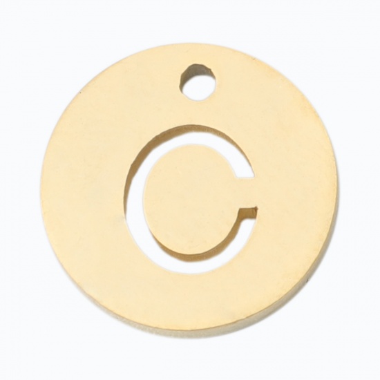 Picture of 304 Stainless Steel Charms Round Gold Plated Initial Alphabet/ Capital Letter Message " C " Hollow 10mm Dia., 2 PCs