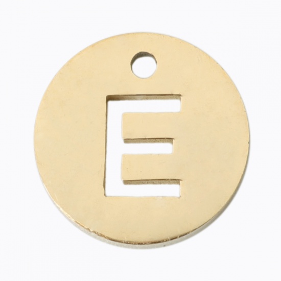 Picture of 304 Stainless Steel Charms Round Gold Plated Initial Alphabet/ Capital Letter Message " E " Hollow 10mm Dia., 2 PCs