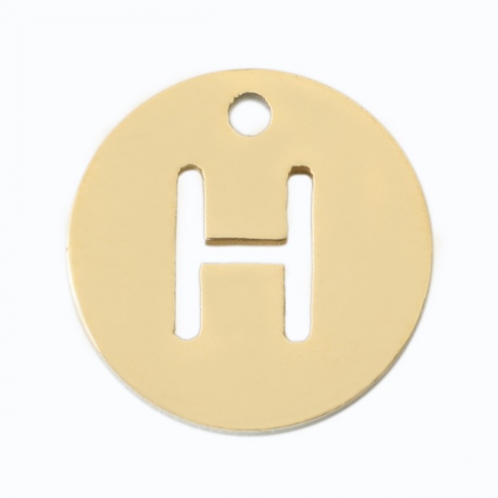 Picture of 304 Stainless Steel Charms Round Gold Plated Initial Alphabet/ Capital Letter Message " H " Hollow 10mm Dia., 2 PCs