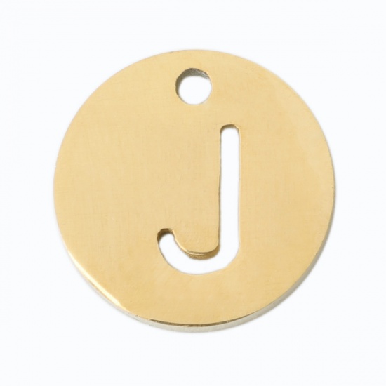Picture of 304 Stainless Steel Charms Round Gold Plated Initial Alphabet/ Capital Letter Message " J " Hollow 10mm Dia., 2 PCs