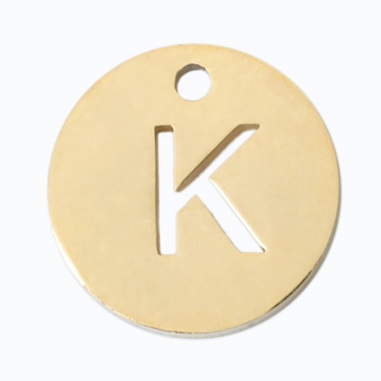 Picture of 304 Stainless Steel Charms Round Gold Plated Initial Alphabet/ Capital Letter Message " K " Hollow 10mm Dia., 2 PCs
