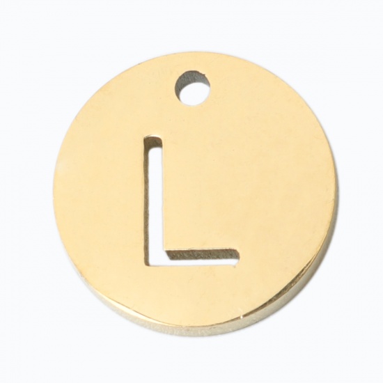 Picture of 304 Stainless Steel Charms Round Gold Plated Initial Alphabet/ Capital Letter Message " L " Hollow 10mm Dia., 2 PCs