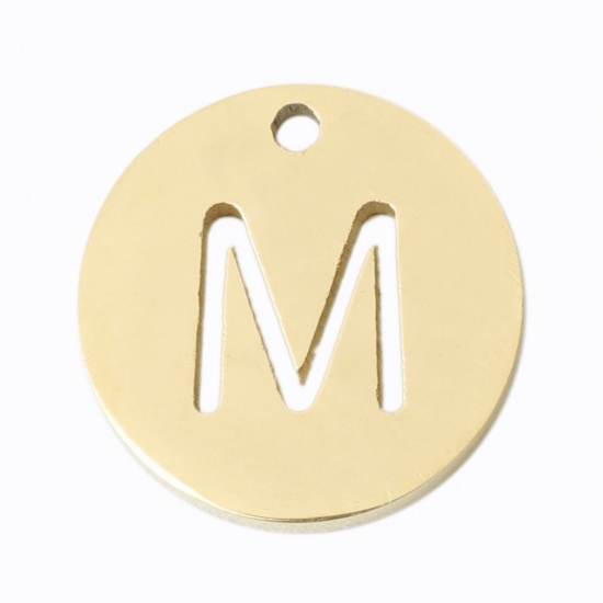 Picture of 304 Stainless Steel Charms Round Gold Plated Initial Alphabet/ Capital Letter Message " M " Hollow 10mm Dia., 2 PCs