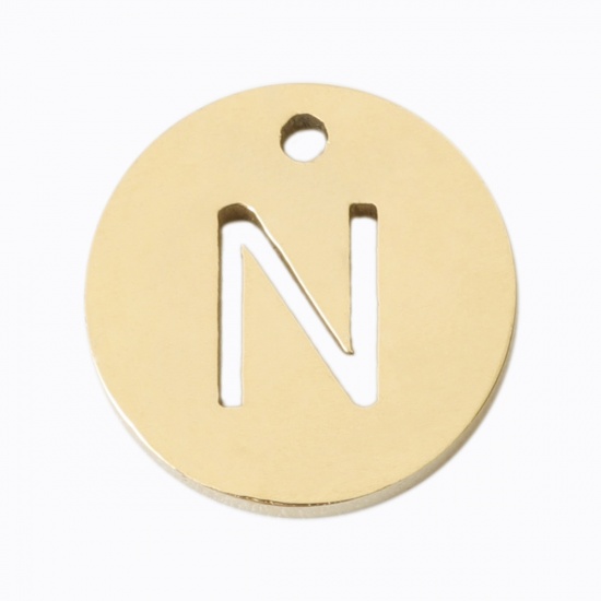 Picture of 304 Stainless Steel Charms Round Gold Plated Initial Alphabet/ Capital Letter Message " N " Hollow 10mm Dia., 2 PCs