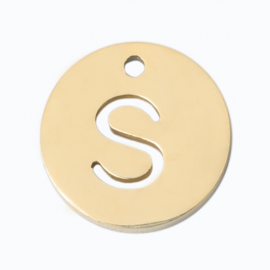 Picture of 304 Stainless Steel Charms Round Gold Plated Initial Alphabet/ Capital Letter Message " S " Hollow 10mm Dia., 2 PCs