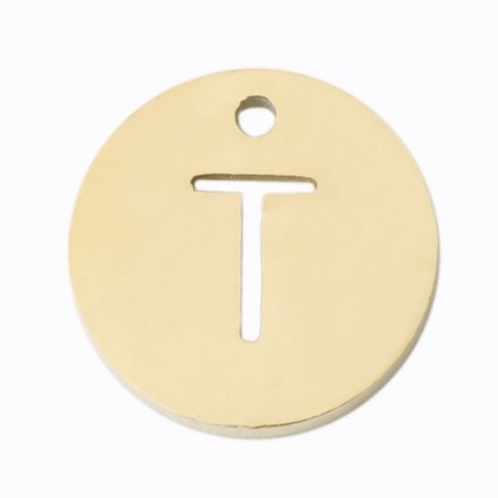 Picture of 304 Stainless Steel Charms Round Gold Plated Initial Alphabet/ Capital Letter Message " T " Hollow 10mm Dia., 2 PCs