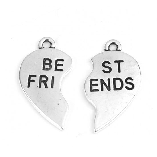Picture of Zinc Based Alloy Best Friends Charms Broken Heart Antique Silver Message " Best Friends " 23mm x 13mm, 10 Sets( 2 PCs/Set)