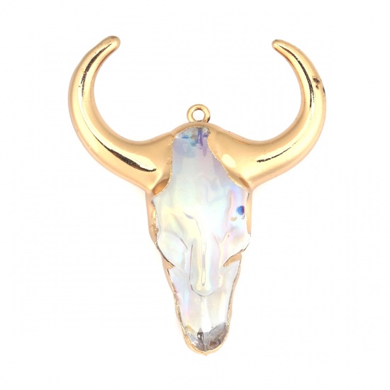 Picture of Copper & Glass Pendants Cow Animal Gold Plated Transparent Clear 5.5cm x 4.5cm, 1 Piece