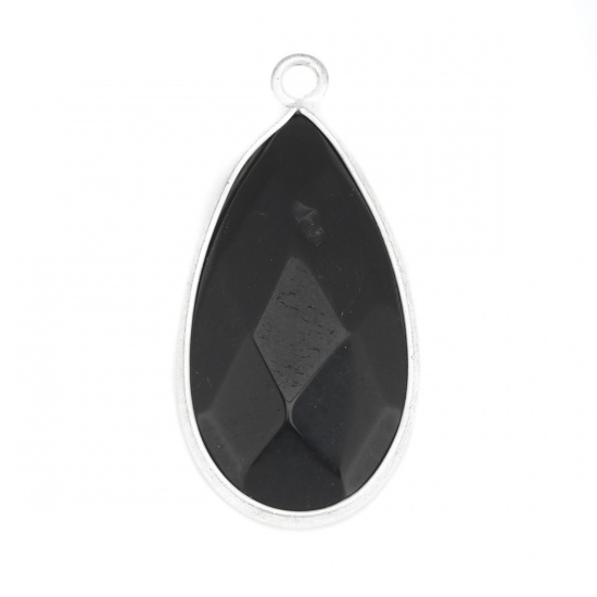 Picture of Glass Pendants Drop Silver Plated Black 3.3cm x 1.6cm, 1 Piece