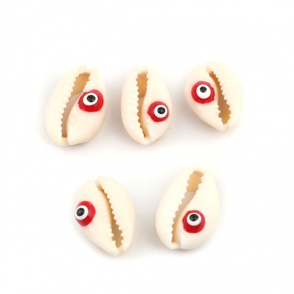 Image de Perles en Coquille Escargot de Mer Blanc & Rouge Œil Mauvais à Strass Émail 20mm x 13mm-16mm x 12mm, 10 Pcs