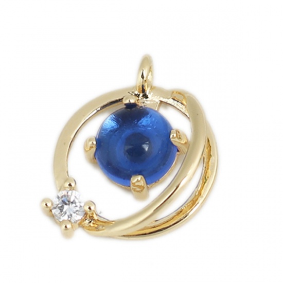 Picture of Copper Galaxy Charms 18K Real Gold Plated Blue Planet Clear Rhinestone 15mm x 12mm, 1 Piece