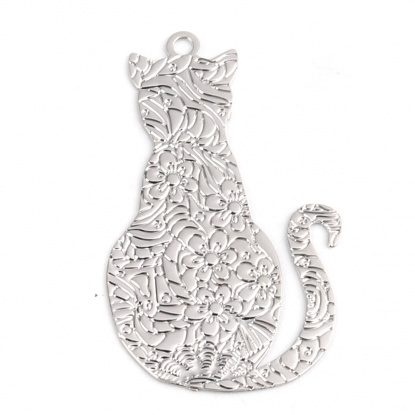 Picture of Copper Filigree Stamping Charms Silver Tone Cat Animal 29mm x 17mm, 10 PCs