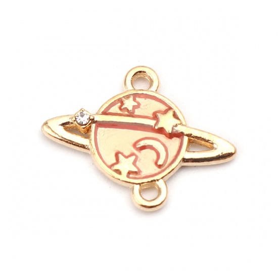 Picture of Zinc Based Alloy Galaxy Connectors Planet Gold Plated Pink Pentagram Star Enamel Clear Rhinestone 19mm x 15mm, 10 PCs