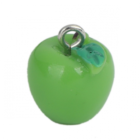 Picture of Plastic Charms Apple Fruit Silver Tone Green 14mm x 13mm, 5 PCs