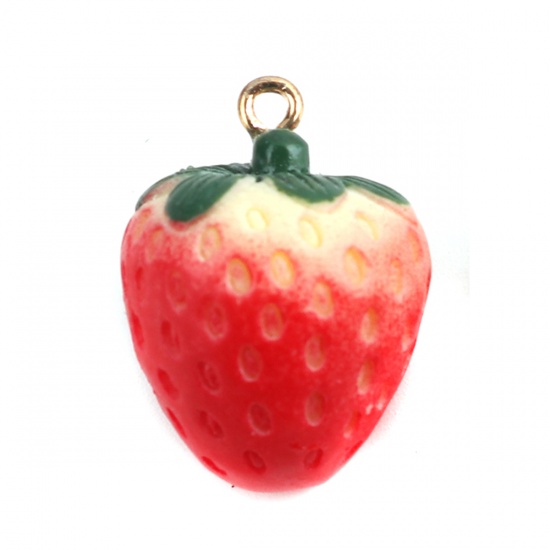 Picture of Plastic Charms Strawberry Fruit Gold Plated Red & Green 26mm x 18mm, 5 PCs