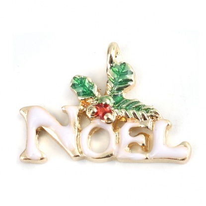 Bild von Zinklegierung Charms Weihnachten Stechpalmblätter Vergoldet Weiß Message " NOEL " Emaille 19mm x 14mm, 10 Stück