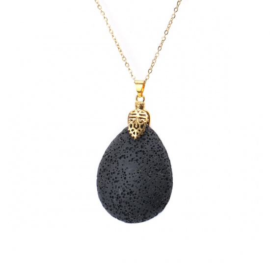 Picture of Stainless Steel & Lava Rock ( Natural ) Necklace Gold Plated Black Drop 43cm(16 7/8") long, 1 Piece