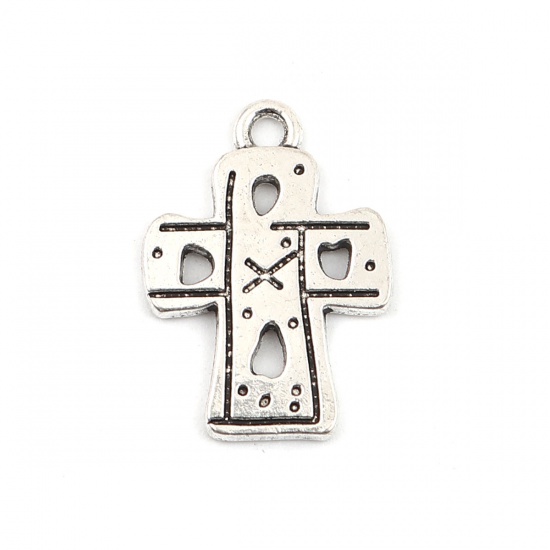 Picture of Zinc Based Alloy Hammered Charms Cross Antique Silver Stripe Hollow 22mm x 16mm, 50 PCs