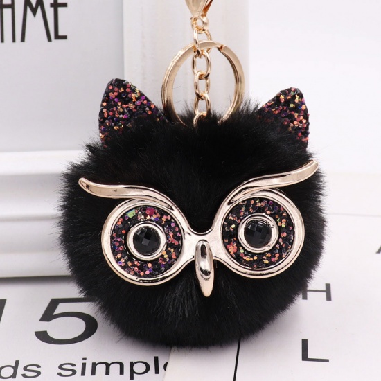Picture of Zinc Based Alloy Keychain & Keyring Gold Plated Black Owl Animal Pom Pom Ball Sequins 12.3cm x 6.5cm, 1 Piece