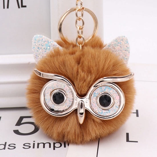 Picture of Zinc Based Alloy Keychain & Keyring Gold Plated Brown Owl Animal Pom Pom Ball Sequins 12.3cm x 6.5cm, 1 Piece