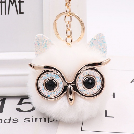 Picture of Zinc Based Alloy Keychain & Keyring Gold Plated White Owl Animal Pom Pom Ball Sequins 12.3cm x 6.5cm, 1 Piece