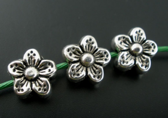 Bild von Zinklegierung Perlen Blumen Antiksilber ca. 9mm x 9mm, Loch:ca. 1.3mm, 50 Stück