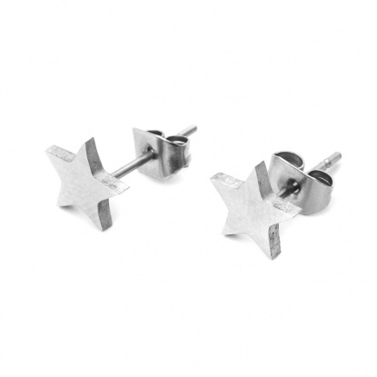 Picture of 304 Stainless Steel Ear Post Stud Earrings Silver Tone Pentagram Star 7mm x 7mm, Post/ Wire Size: (21 gauge), 1 Pair