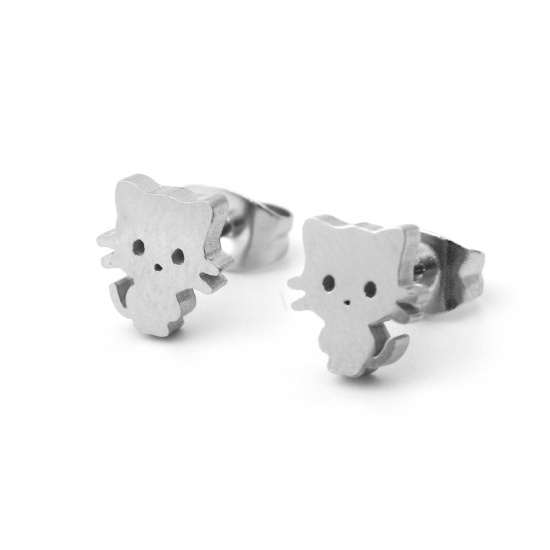 Picture of 304 Stainless Steel Ear Post Stud Earrings Silver Tone Cat Animal 8mm x 7mm, Post/ Wire Size: (21 gauge), 1 Pair