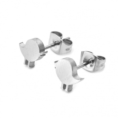 Picture of 304 Stainless Steel Ear Post Stud Earrings Silver Tone Chicken 8mm x 7mm, Post/ Wire Size: (21 gauge), 1 Pair