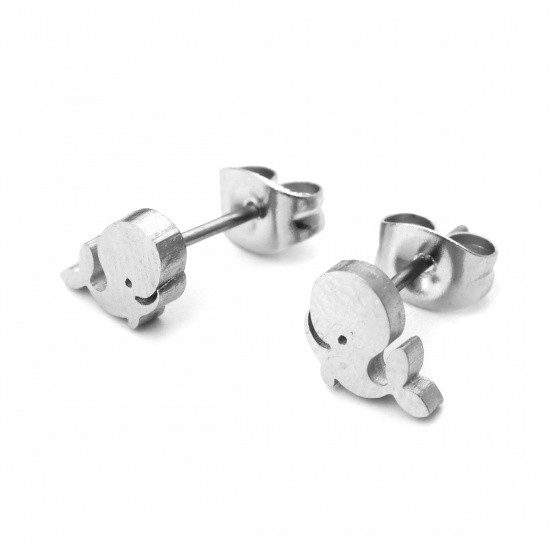 Picture of 304 Stainless Steel Ocean Jewelry Ear Post Stud Earrings Silver Tone Whale Animal 7mm x 6mm, Post/ Wire Size: (21 gauge), 1 Pair