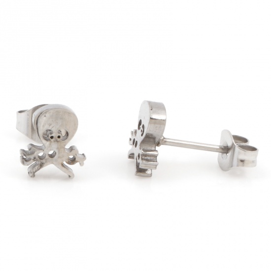 Picture of 304 Stainless Steel Ocean Jewelry Ear Post Stud Earrings Silver Tone Octopus 8mm x 7mm, Post/ Wire Size: (21 gauge), 1 Pair